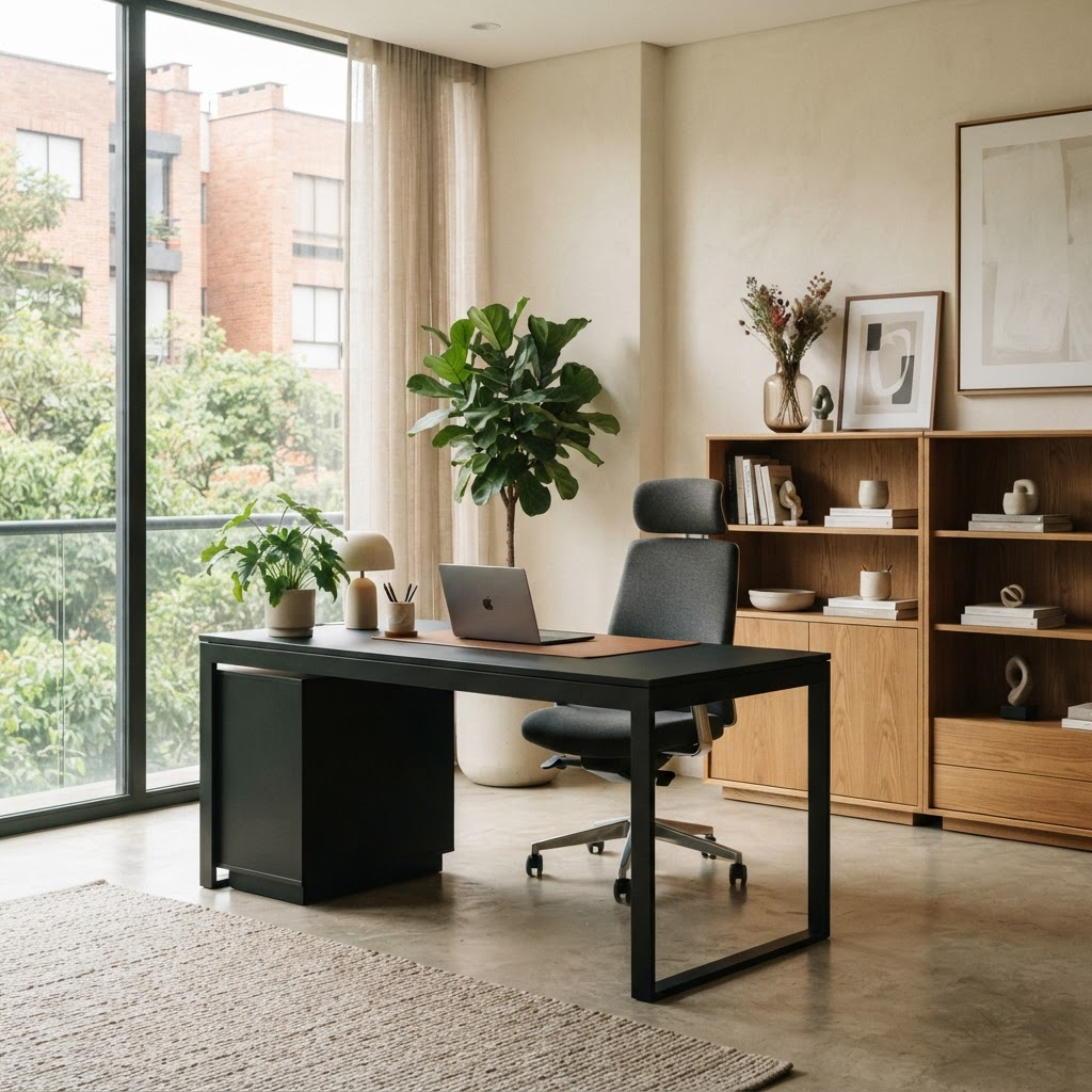 Oficina moderna equipada con escritorio, silla ergonómica y estantería